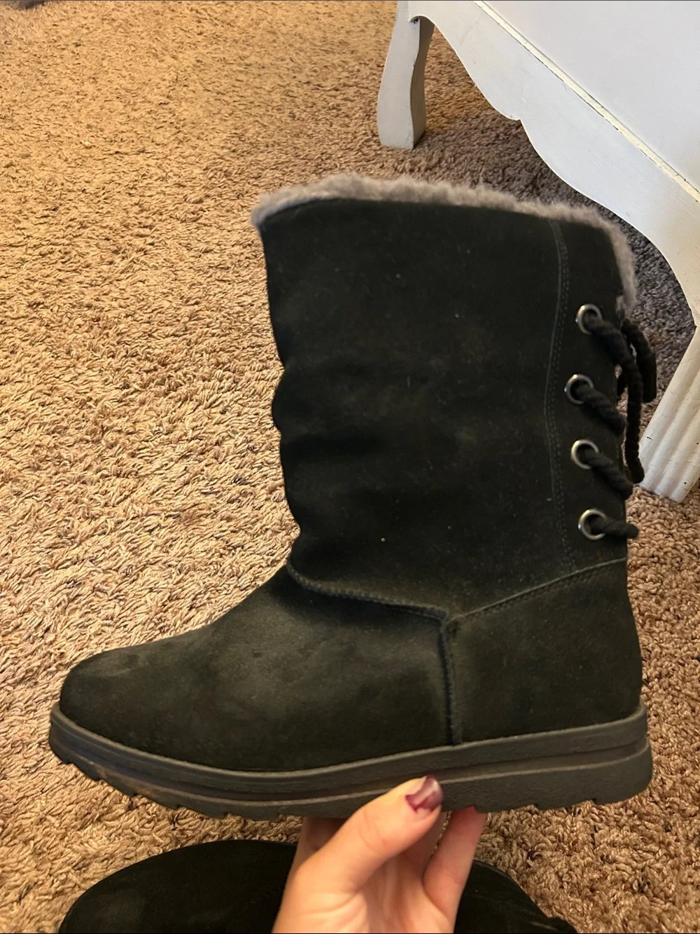 Muk Luks Black Faux-Suede Winter Boots with Gray Faux-Fur Trim